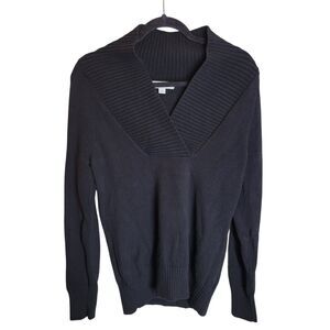 Merona Womens Sz M Black Solid Long Sleeve V-Neck Knitted Sweater
